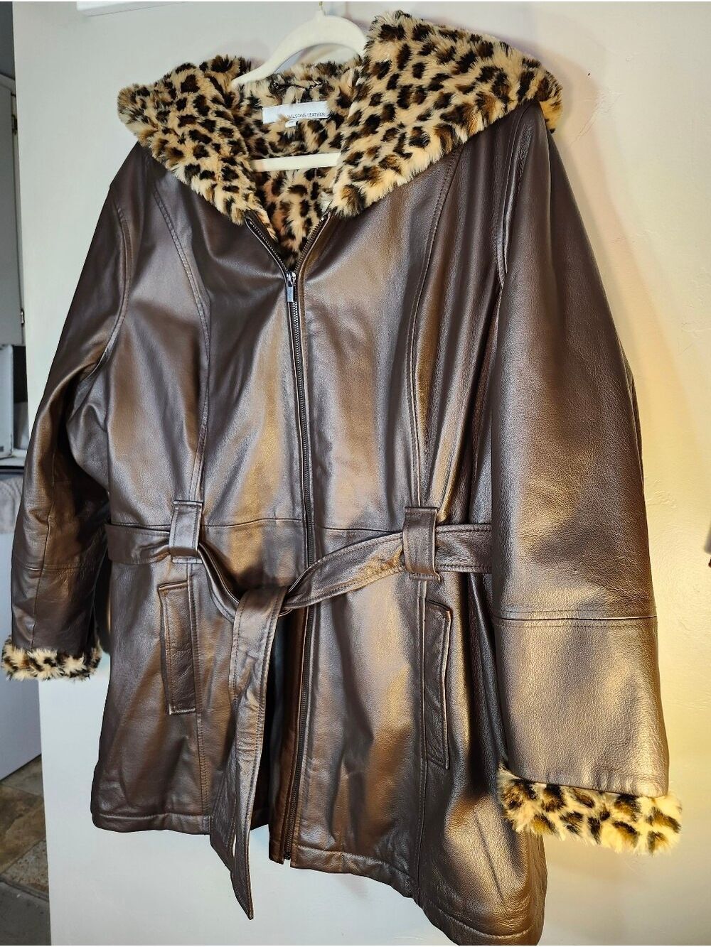 Wilsons Leather Brown Leather Jacket with Leopard Faux-Fur Trim
